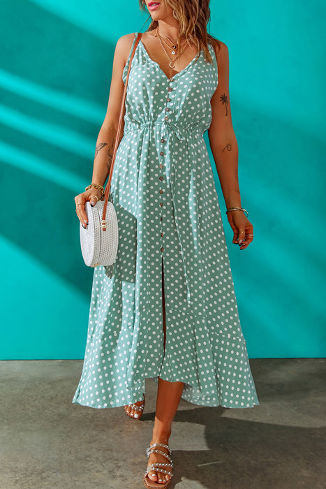 Spaghetti Straps Front Slit Buttoned Maxi Dress