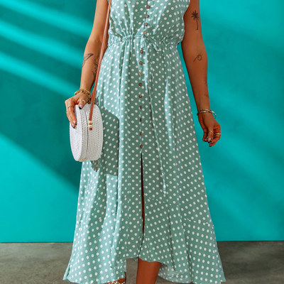 Spaghetti Straps Front Slit Buttoned Maxi Dress