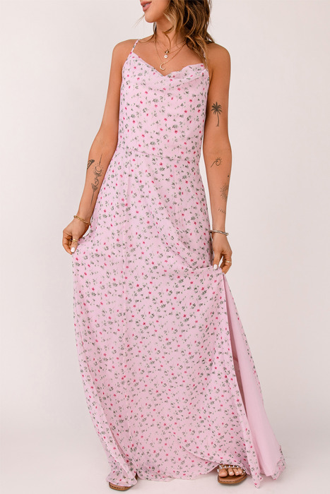 Pink Floral Print Spaghetti Strap Maxi Dress
