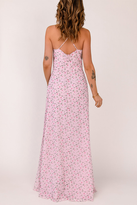 Pink Floral Print Spaghetti Strap Maxi Dress