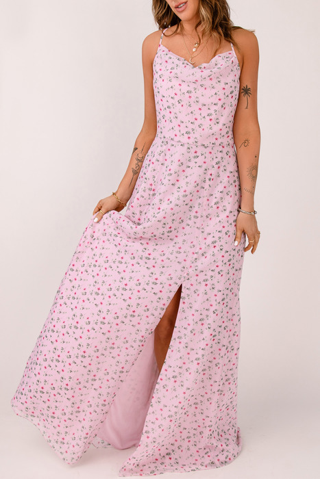Pink Floral Print Spaghetti Strap Maxi Dress