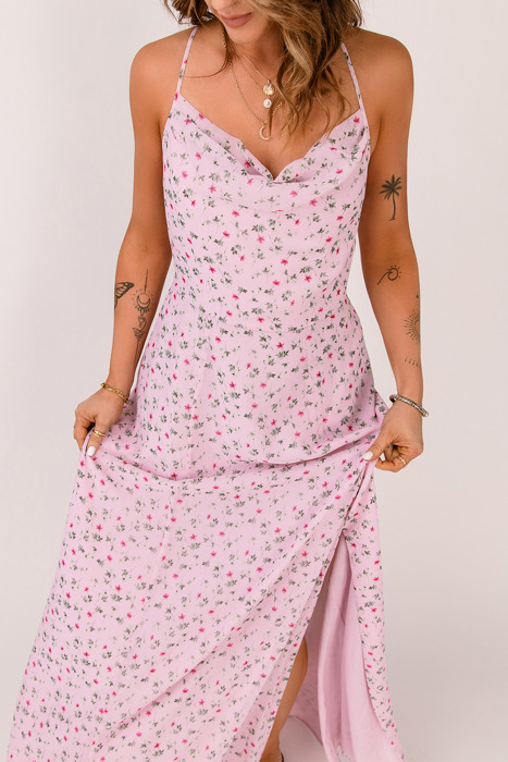 Pink Floral Print Spaghetti Strap Maxi Dress
