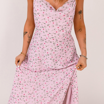 Pink Floral Print Spaghetti Strap Maxi Dress