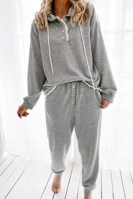 Lace Trim Drop Shoulder Hoodie and Pants Set 