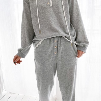 Lace Trim Drop Shoulder Hoodie and Pants Set 