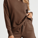  Brown Textured Long Sleeve Top and Drawstring Shorts Set