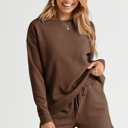  Brown Textured Long Sleeve Top and Drawstring Shorts Set