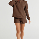  Brown Textured Long Sleeve Top and Drawstring Shorts Set