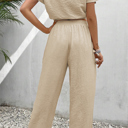  Beige Crinkled Elastic Hem Crop Tee and Wide Leg Pants Set