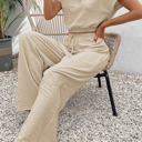  Beige Crinkled Elastic Hem Crop Tee and Wide Leg Pants Set
