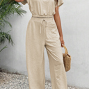  Beige Crinkled Elastic Hem Crop Tee and Wide Leg Pants Set