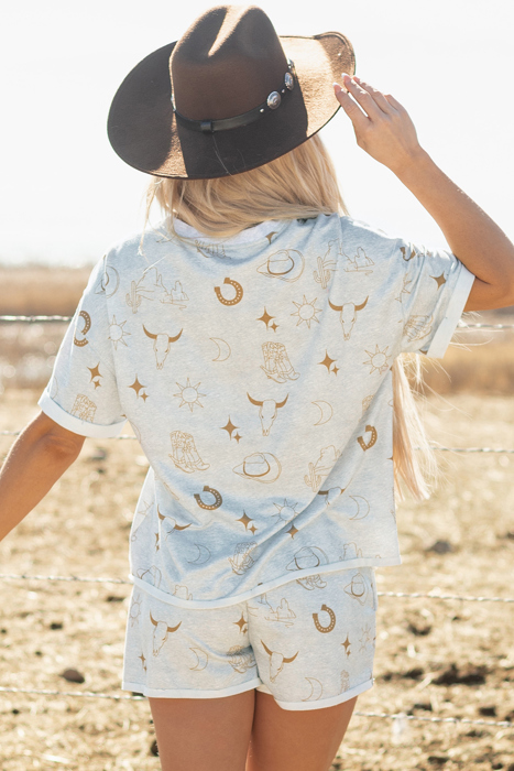 Western Fashion Printed T Shirt Elastic Waist Shorts Set