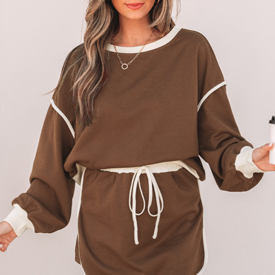 Coffee Contrast Loose Pullover and Skort Set