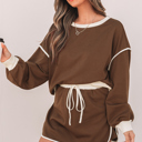  Coffee Contrast Loose Pullover and Skort Set