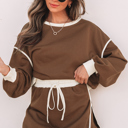  Coffee Contrast Loose Pullover and Skort Set