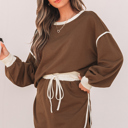  Coffee Contrast Loose Pullover and Skort Set