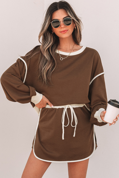 Coffee Contrast Loose Pullover and Skort Set