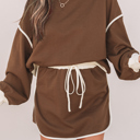  Coffee Contrast Loose Pullover and Skort Set