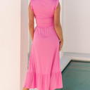  Pink Bonbon Textured Ruffle Trim Crop Top and Long Skirt Set
