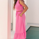  Pink Bonbon Textured Ruffle Trim Crop Top and Long Skirt Set