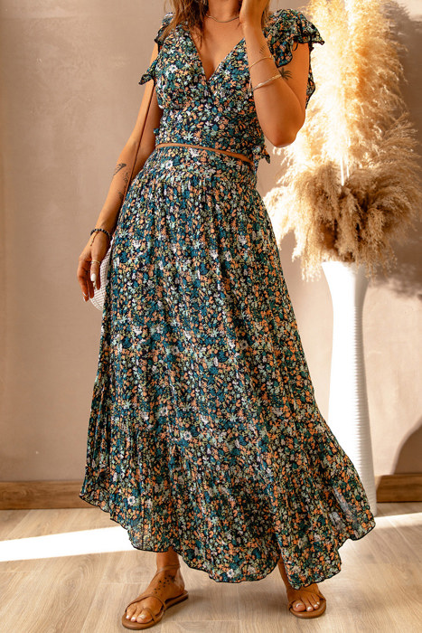 Floral Ruffled Crop Top and Maxi Skirt Set