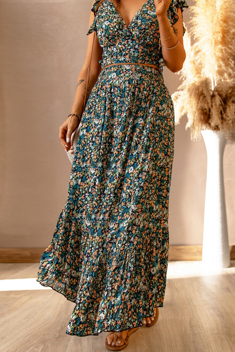 Floral Ruffled Crop Top and Maxi Skirt Set