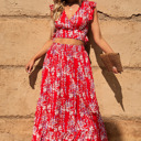  Red Floral Ruffled Crop Top and Maxi Skirt Set