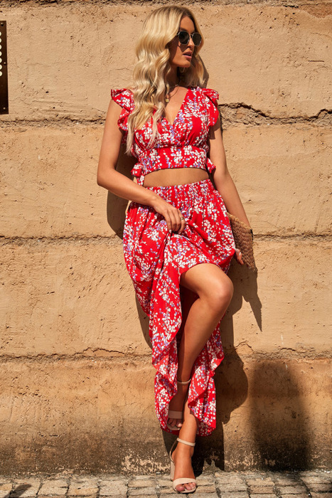 Red Floral Ruffled Crop Top and Maxi Skirt Set