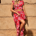  Red Floral Ruffled Crop Top and Maxi Skirt Set