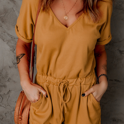 Ribbed Elastic Drawstring Waist Romper