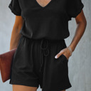  Black Ribbed Elastic Drawstring Waist Romper