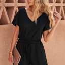  Black Ribbed Elastic Drawstring Waist Romper
