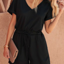  Black Ribbed Elastic Drawstring Waist Romper