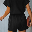  Black Ribbed Elastic Drawstring Waist Romper