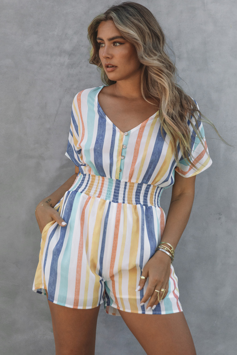 Striped V Neck Pocketed Romper