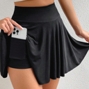  Black A-line Draped High Waist Phone Pocket Lined Skort