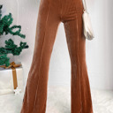  Chestnut Solid Color High Waist Flare Corduroy Pants