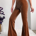  Chestnut Solid Color High Waist Flare Corduroy Pants