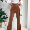  Chestnut Solid Color High Waist Flare Corduroy Pants