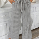  Black Stripe Tied High Waist Loose Straight Casual Pants