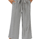  Black Stripe Tied High Waist Loose Straight Casual Pants