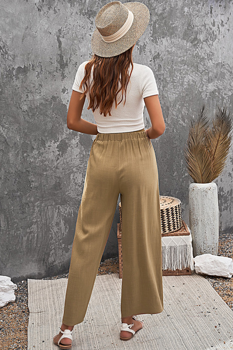 Elastic High Waist Pocketed Wide Leg Pants