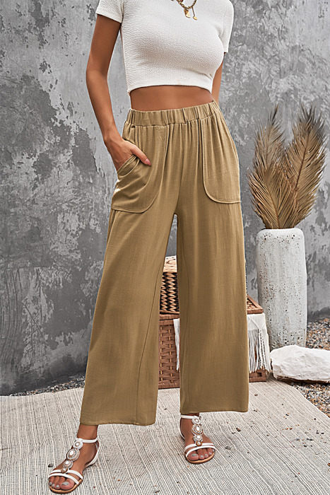 Elastic High Waist Pocketed Wide Leg Pants