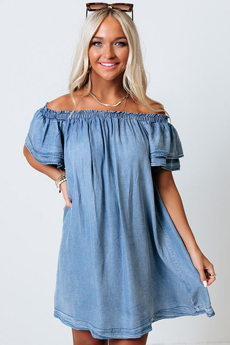 Denim Ruffled Short Sleeve Mini Dress