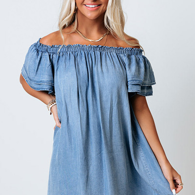 Denim Ruffled Short Sleeve Mini Dress
