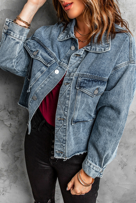 Raw Hem Denim Jacket with Flap Pockets