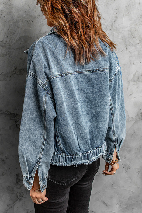 Raw Hem Denim Jacket with Flap Pockets