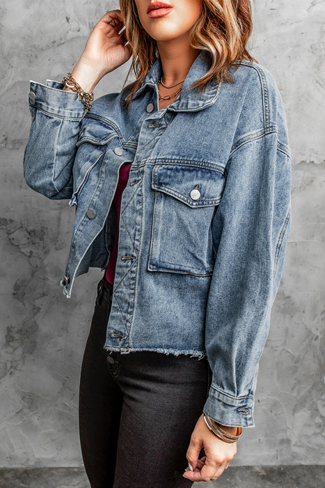 Raw Hem Denim Jacket with Flap Pockets