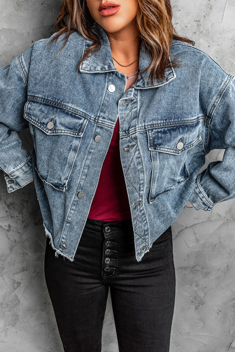 Raw Hem Denim Jacket with Flap Pockets