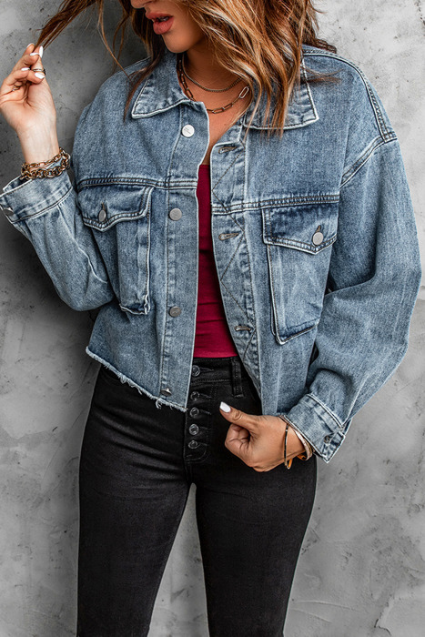 Raw Hem Denim Jacket with Flap Pockets